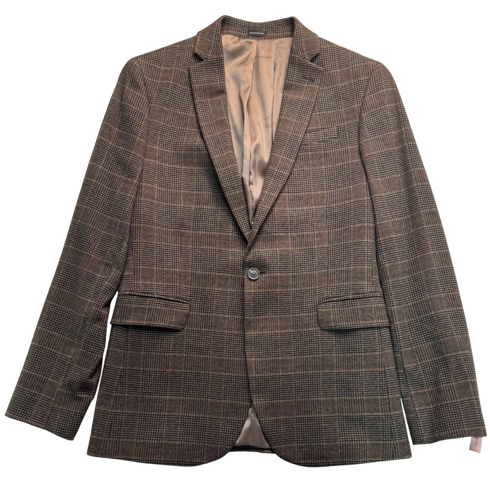 J. Ferrar Mens Slim Fit Blazer 38R Brown Glen Plaid Sport Coat NEW